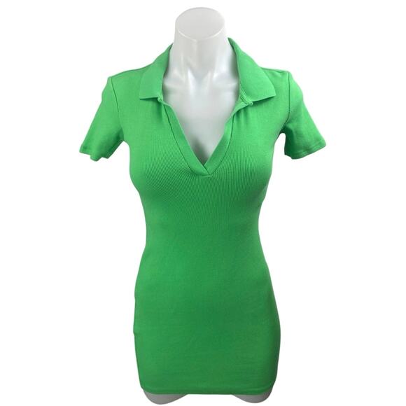 NEW Zara Green Short Sleeve Ribbed Knit Polo Shirt Mini Bodycon Dress Size S - Picture 1 of 3